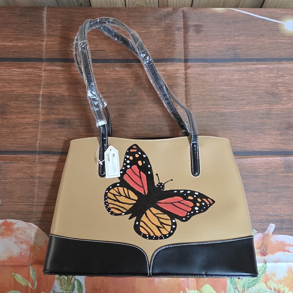 Elegant Tan and Black Tote with Butterfly Design Hand Painted. 🦋
